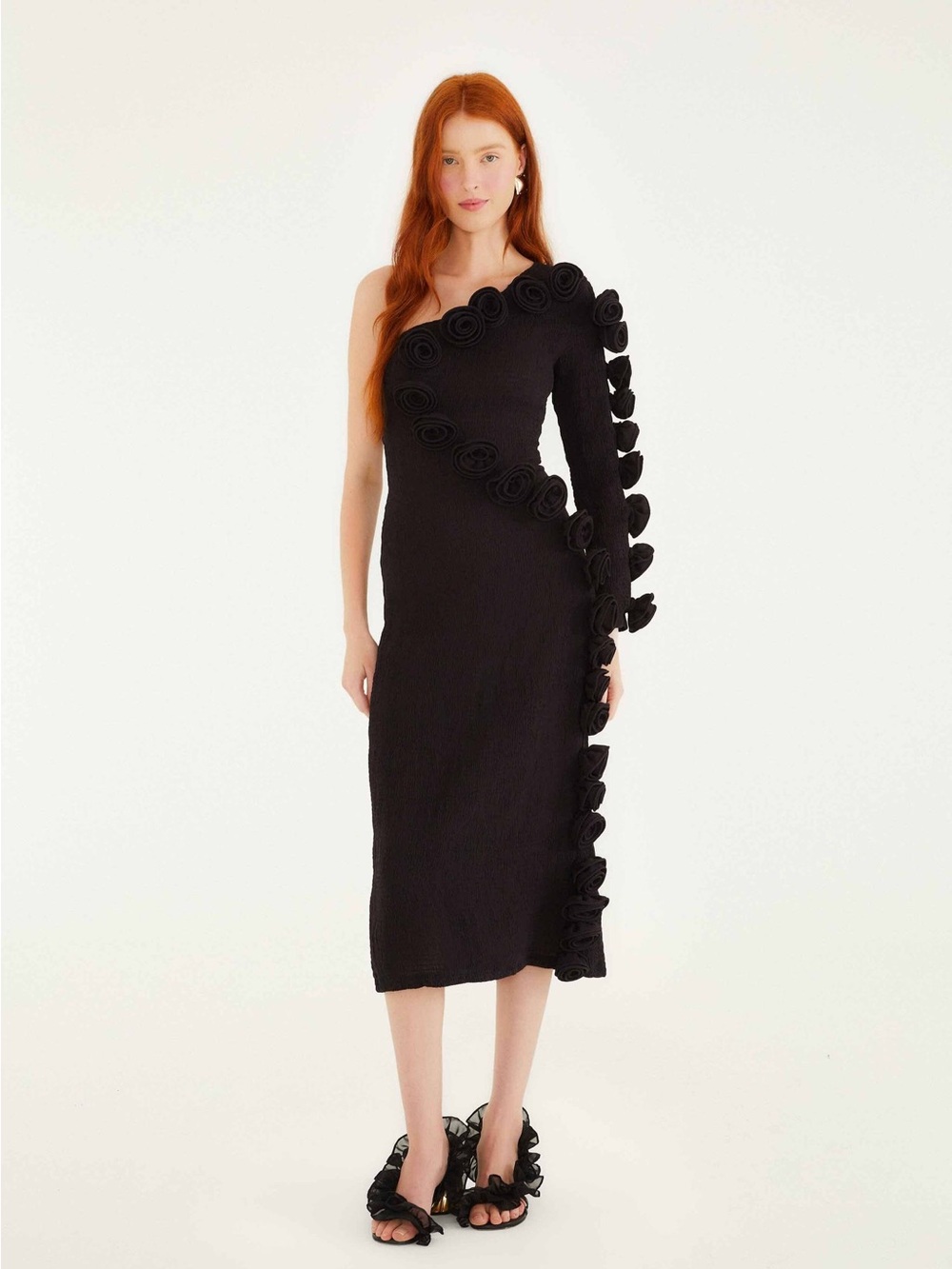 Farm Rio Black 3d Rose One-Shoulder Midi Dress S